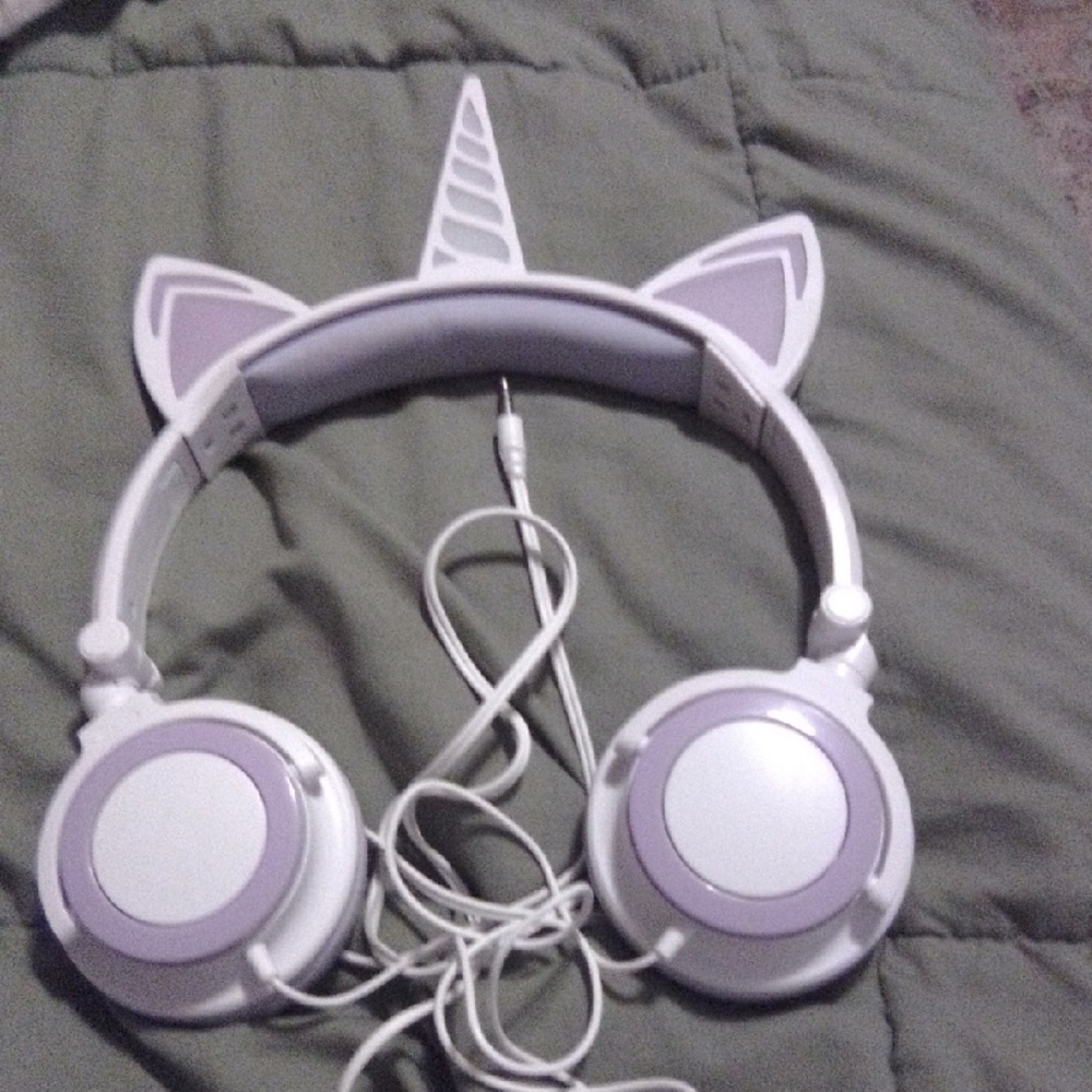 Whimsical White and Lavender Over-Ear Headphones with Unicorn & Cat Ear Design